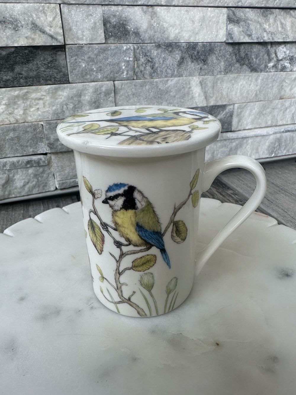 Kent Pottery -Blue Bird Floral Tea Coffee Mug with Lid/Coaster